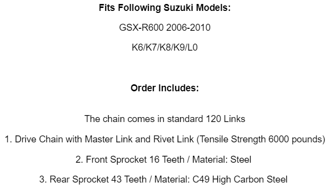 Drive Chain & Sprockets Kit For Suzuki GSX-R600 GSXR600 2006 2007 2008 2009 2010