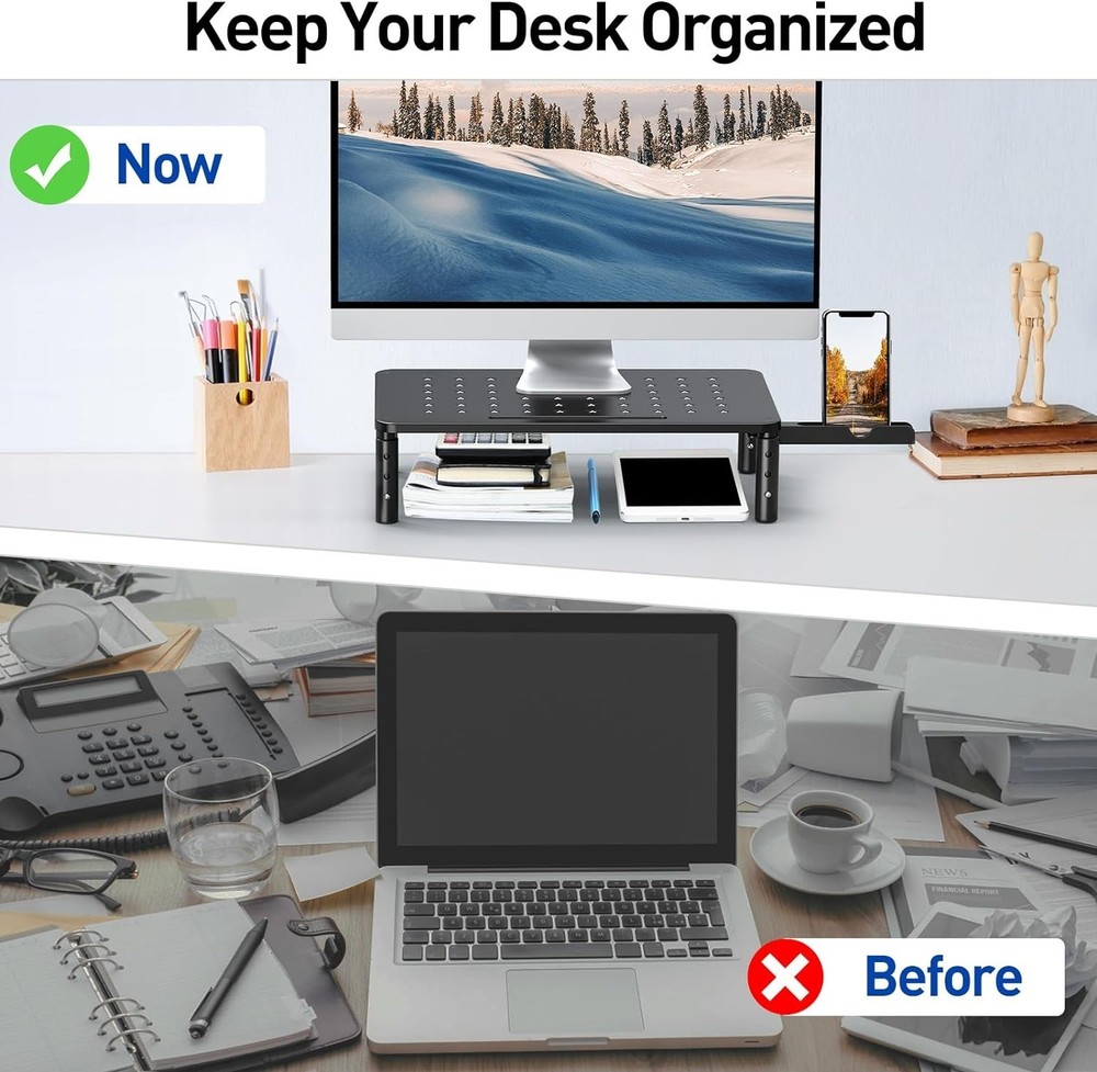 Adjustable 2 Pack Computer Monitor Stand - Easy Assembly & Organizing Solution