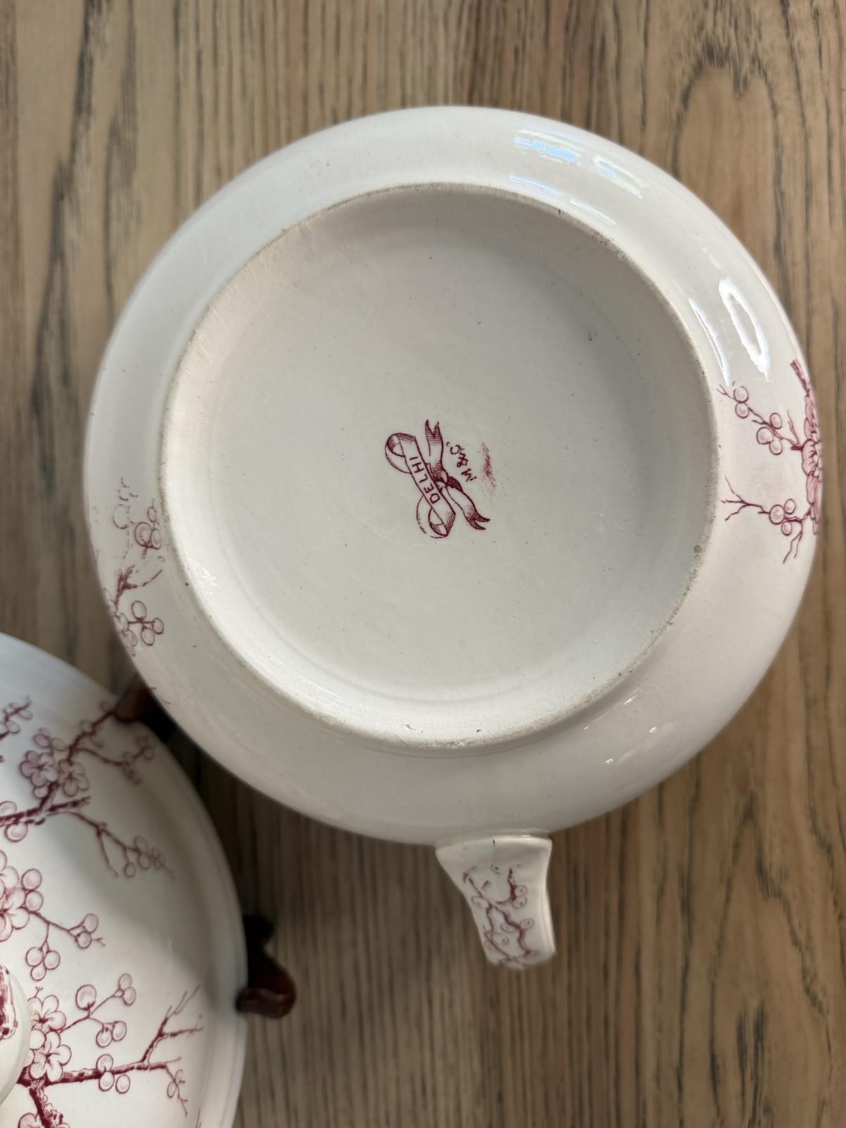 Antique Chamber Pot With A Red Transferware Pattern