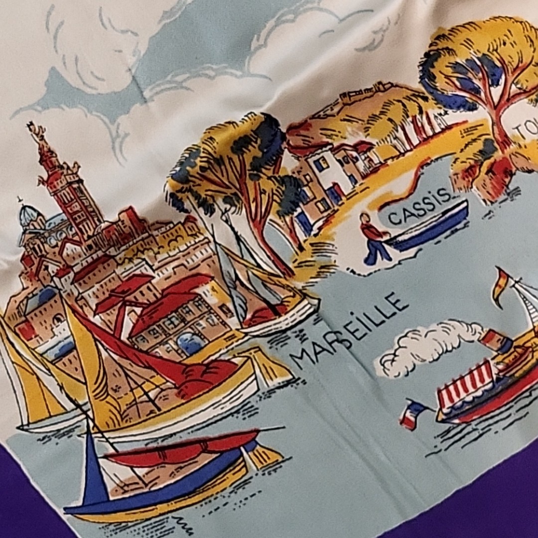 Vtg 50s/60s Côte d'Azur Silk Souvenir Scarf - French Riviera Map Mermaid 30"