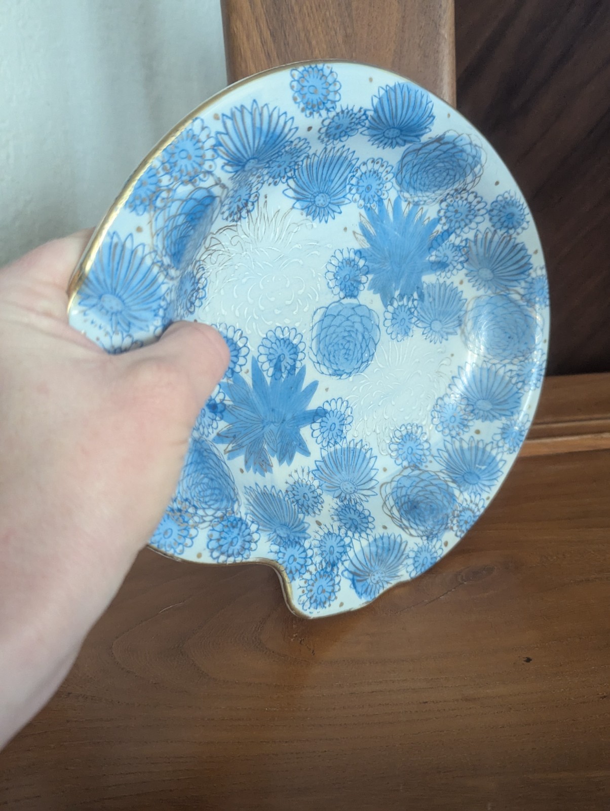 Vtg Kutani Gold Chrysanthemum Flower Japan Blue Trinket Dish Ashtray MCM Art