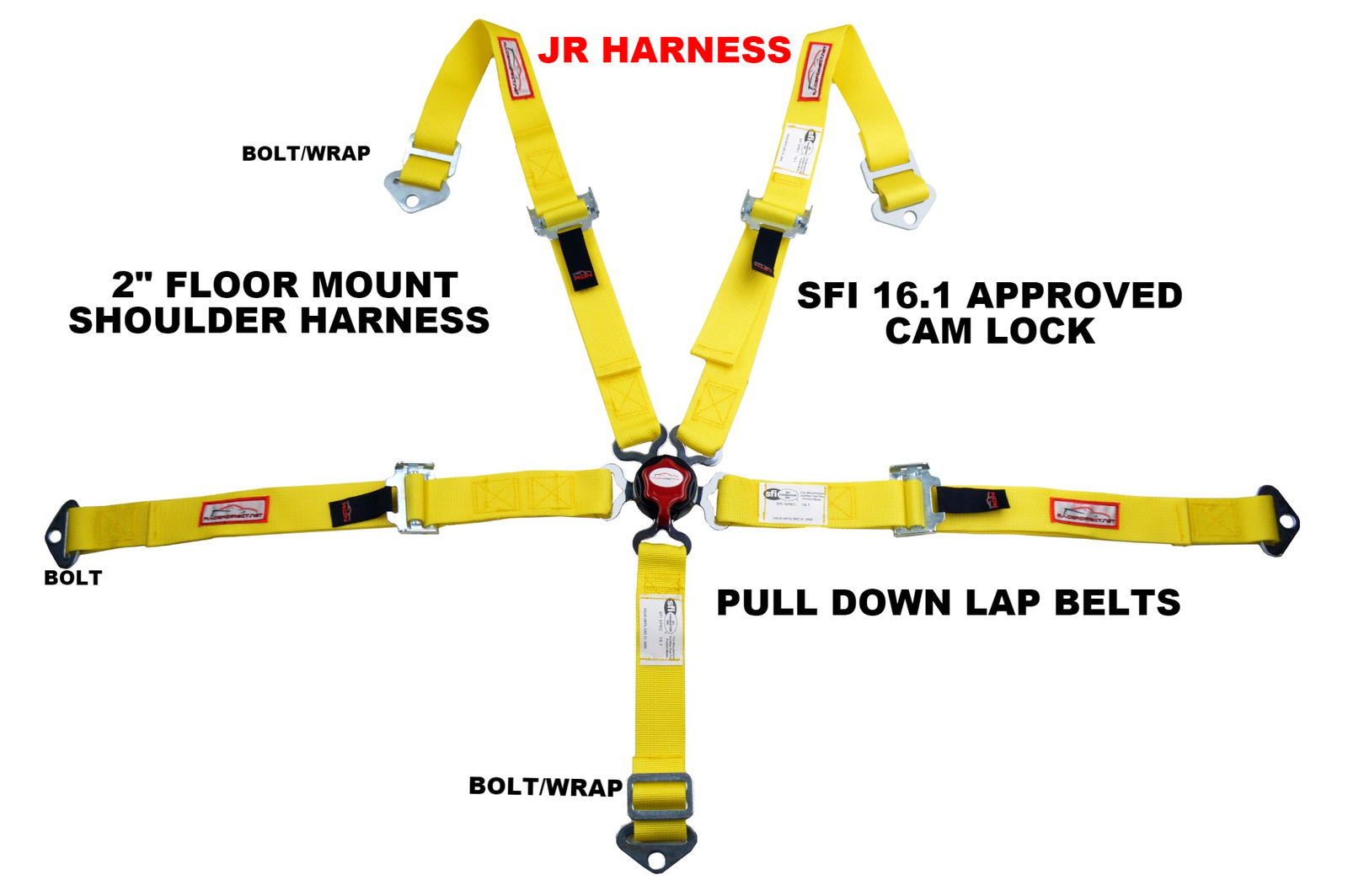 JR RACING HARNESS SFI 16.1 5 POINT CAM LOCK FLOOR MOUNT 2" SEAT BELT YELLOW