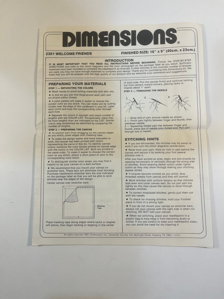 Dimensions Needlepoint Kit #2301 "Welcome Friends" - Started