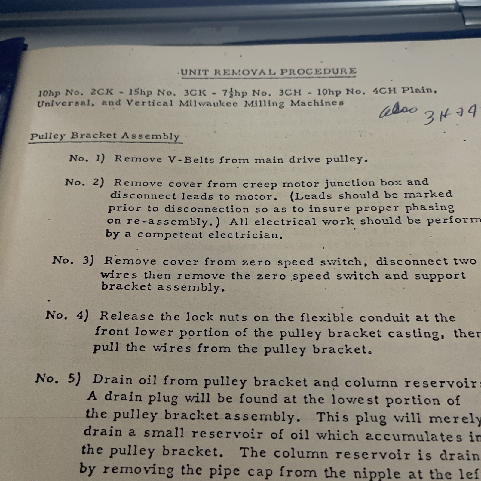 Unit Removal Procedure Manual  10hp Universal/Vertical Milwaukee Milling Machine