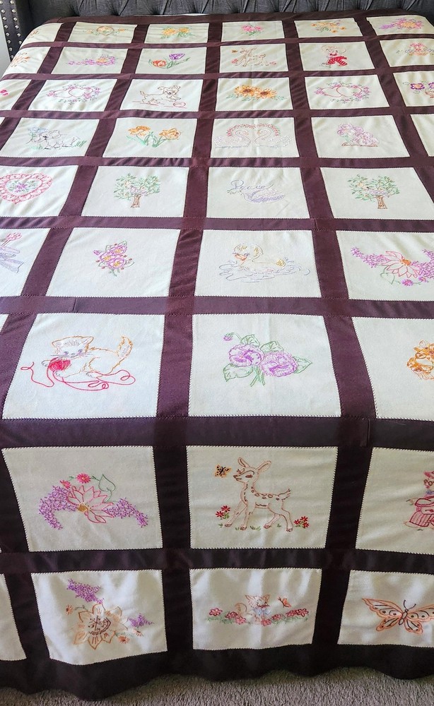 Vintage Handmade 80"×104" Embroidered Patchwork Quilt/Coverlet EUC
