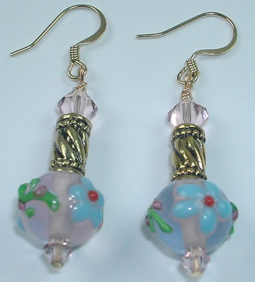 handcrafted Flower LAMPWORK  & CRYSTAL  EARRINGS