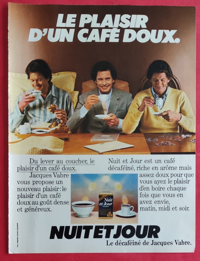 Press advertisement: decaffeinated coffee Jaques VABRE Night and Day 1982