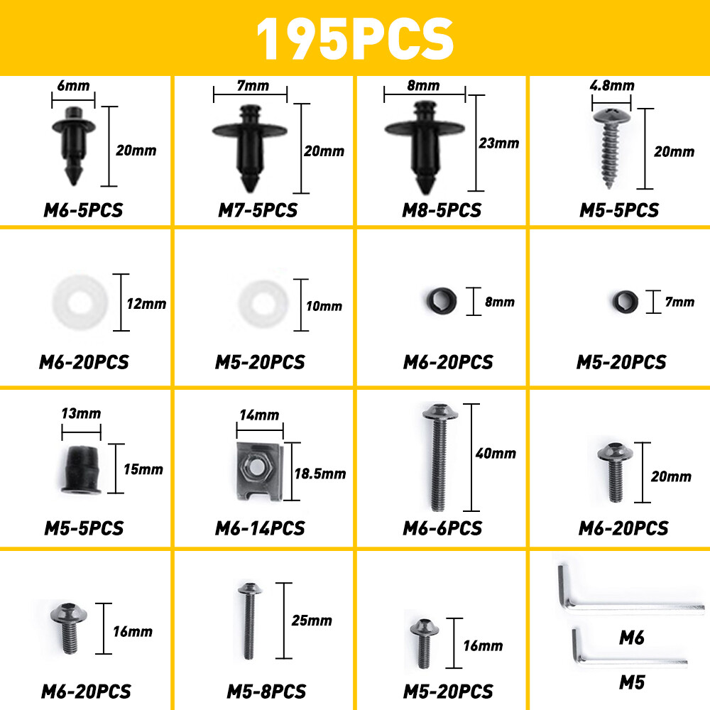 195pcs Motorcycle Complete Fairing Bolts Kit Bodywork Screws Nuts Set M5 M6