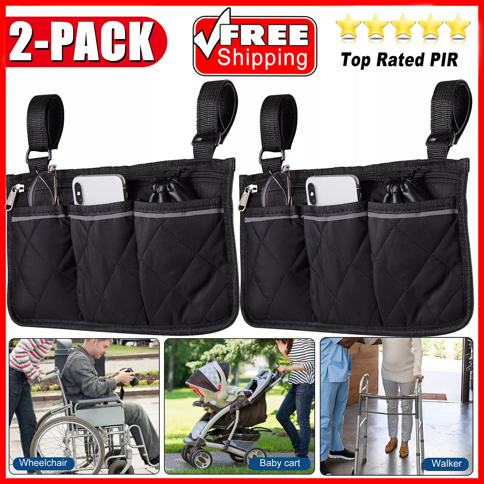 2-PACK Wheelchair Walker Side Pocket Organizer Armrest Storage Bag Holder Pouch
