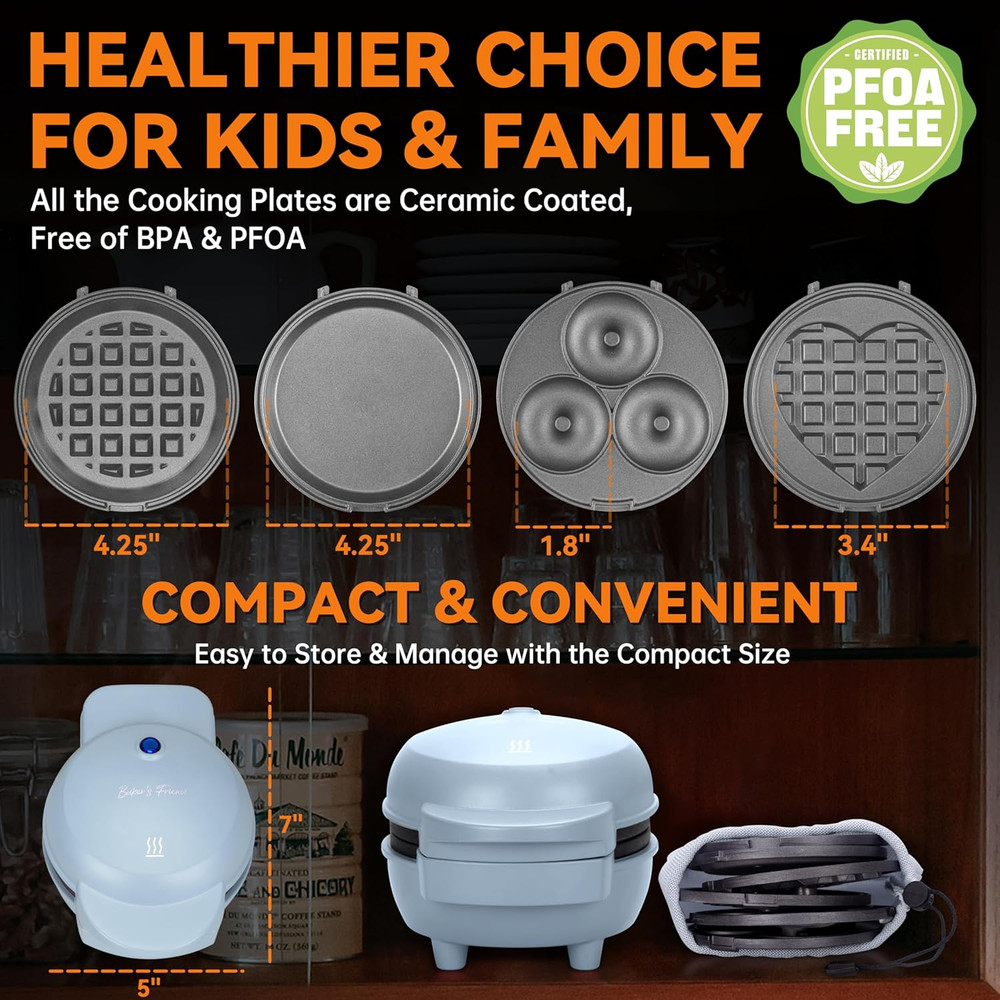 4 in 1 Mini Waffle Maker with Removable Plates, Set Includes Mini Pancake, Donut