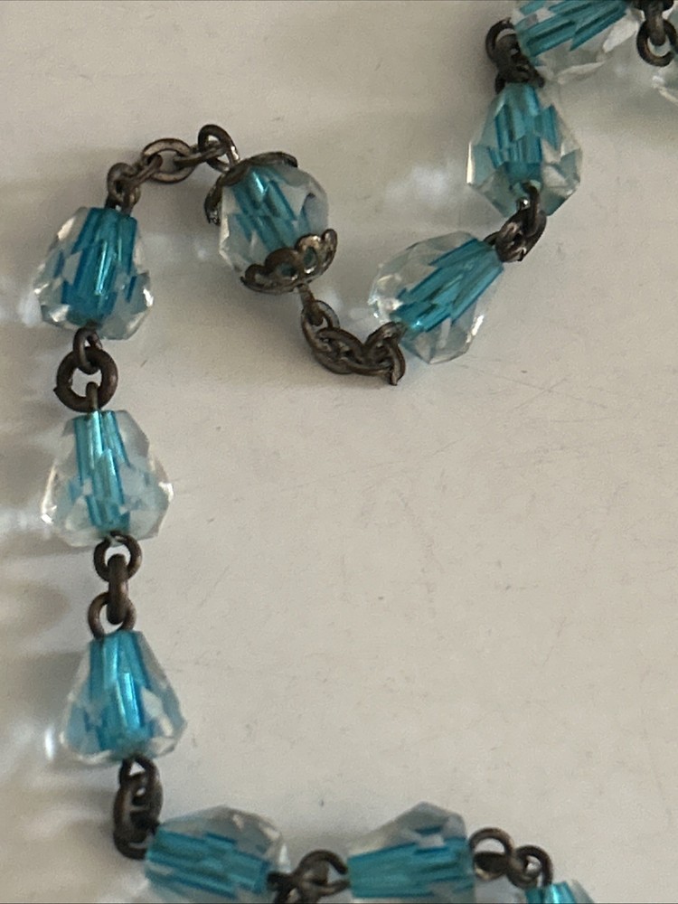 Vintage Rosary 23.5" Faceted Glass Rectangular Light Blue Beads