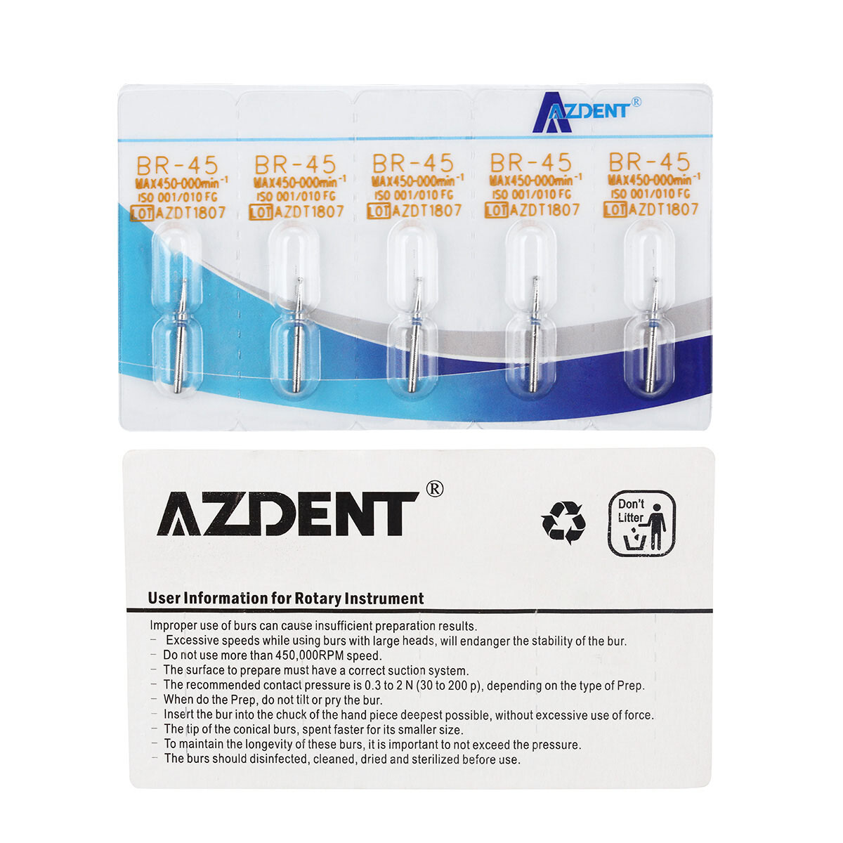 AZDENT Dental FG Diamond Burs for High Speed Handpiece Friction Grip 5pcs/pack