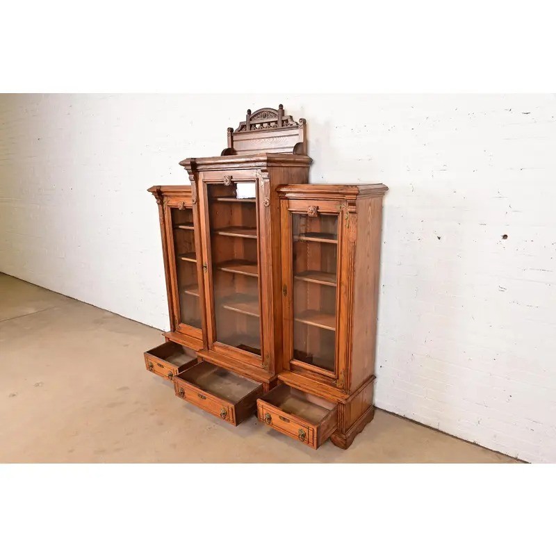 Herter Brothers Style Antique Victorian Carved Oak Bookcase Cabinet, Circa 1880s