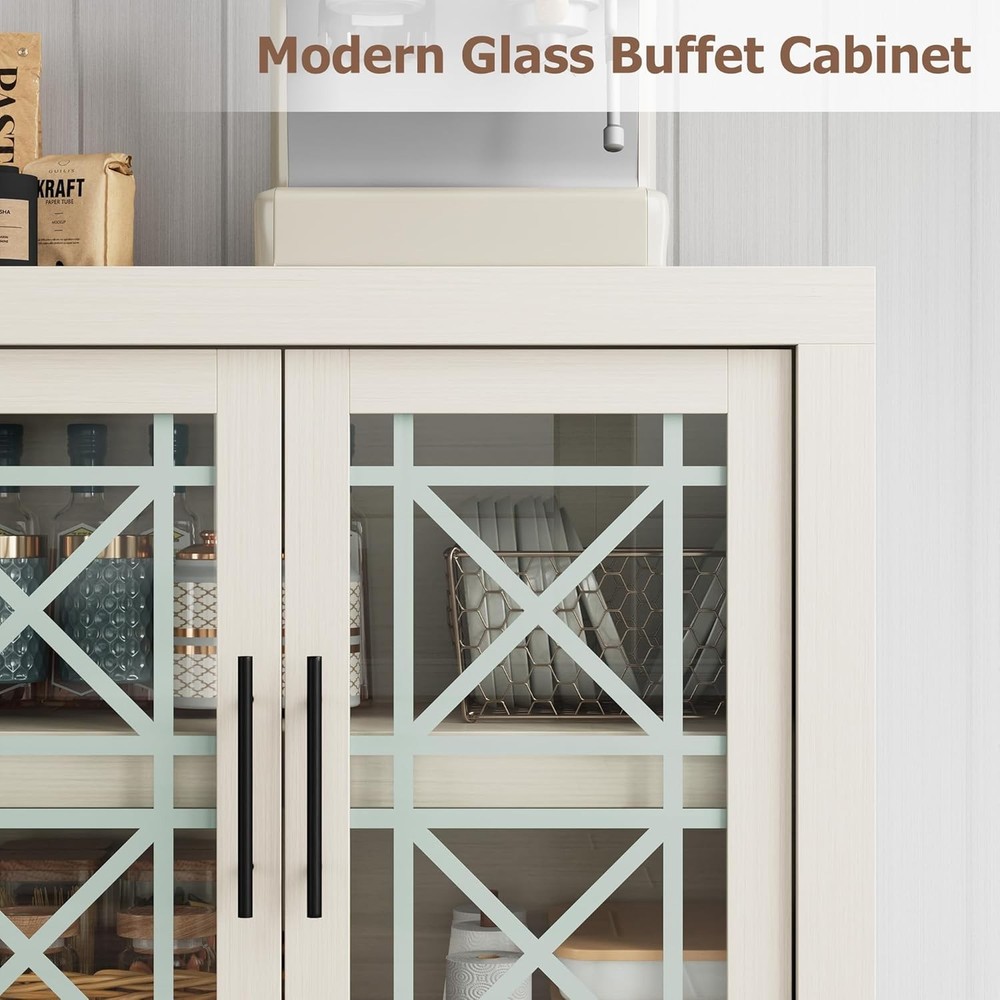 70.9" Buffet Sideboard with Storage with 4 Screen-Printed Glass Doors White