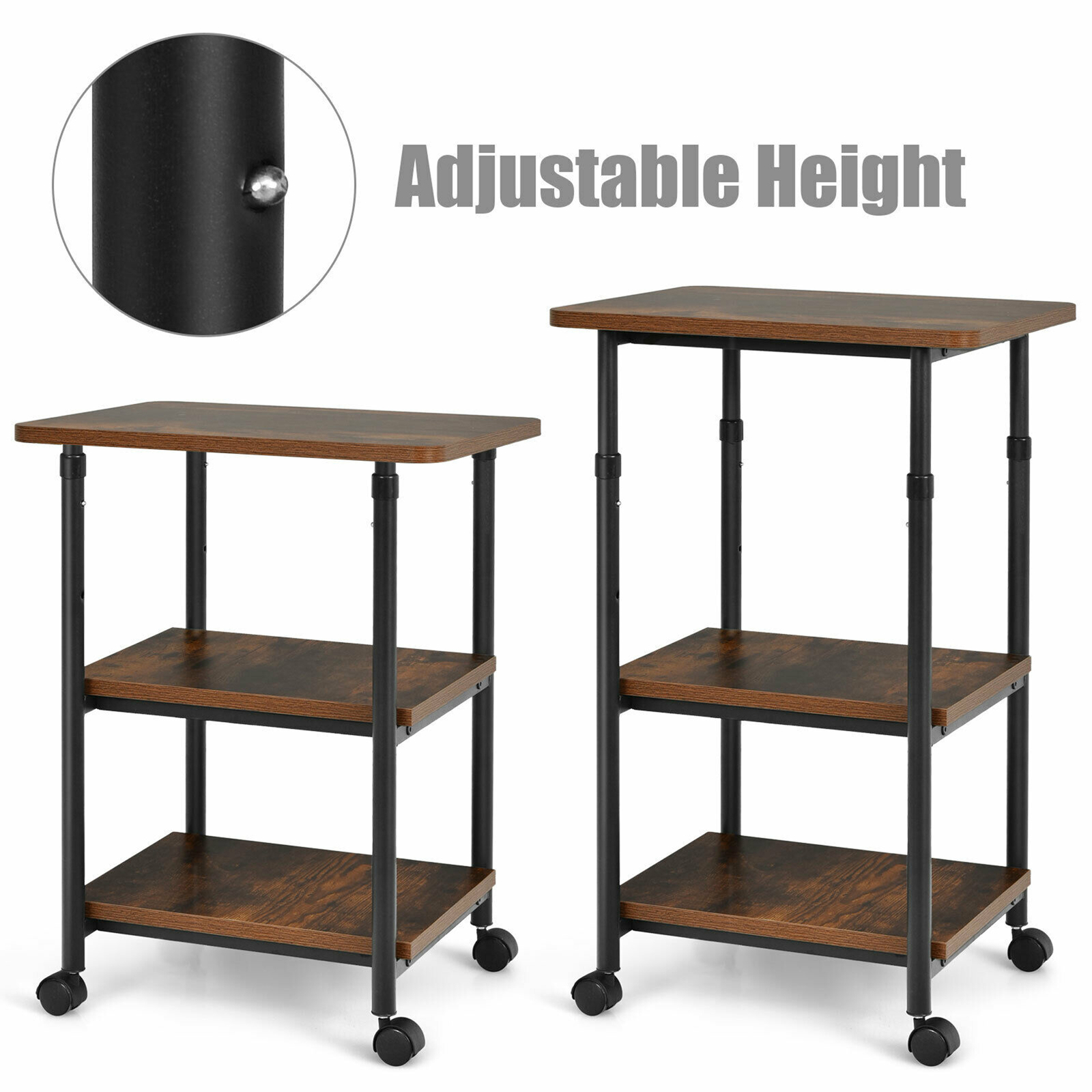 3-Tier Rolling Adjustable Printer Cart Machine Stand Storage Rack Brown