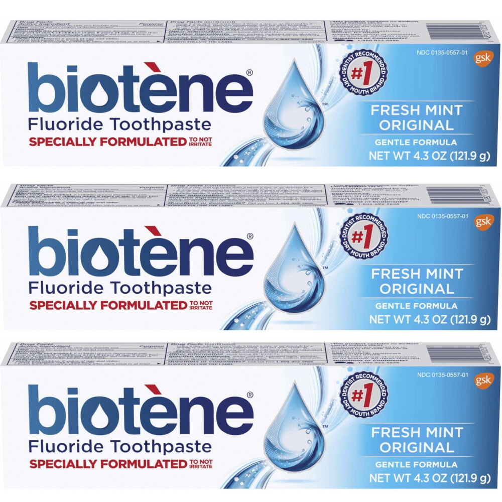3 Pack - Biotene Fluoride Toothpaste, Fresh Mint, Gentle Formula 4.3oz Each