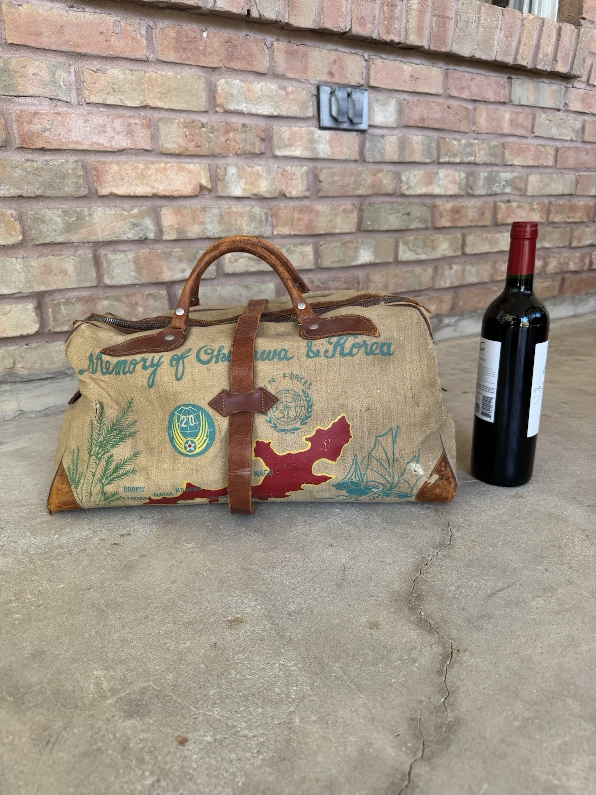 1950s Vtg Korean War Hand Painted Okinawa & Korea UN Forces Souvenir Duffel Bag