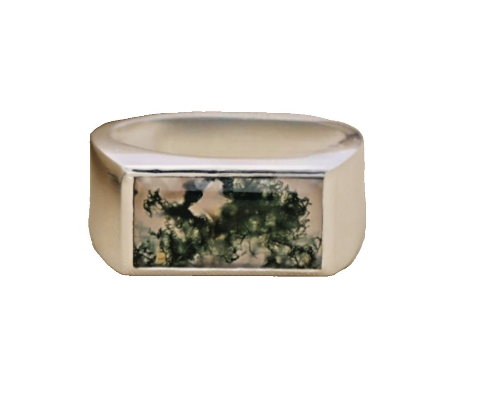 Sterling Silver Moss Agate Rectangular Signet Ring – Unique Natural Gemstone Des