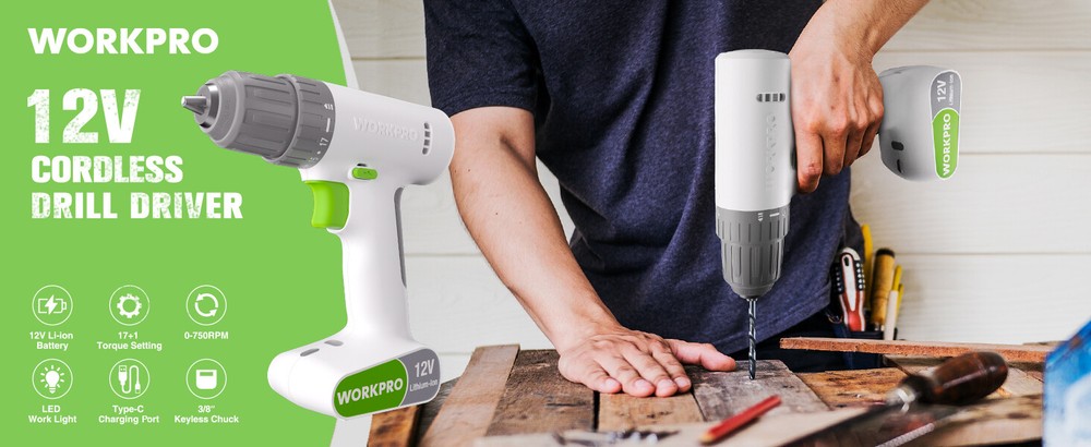 WORKPRO 12V Cordless Drill Driver Set Electric Power Drill Tool Kit w/6 Pcs Bits