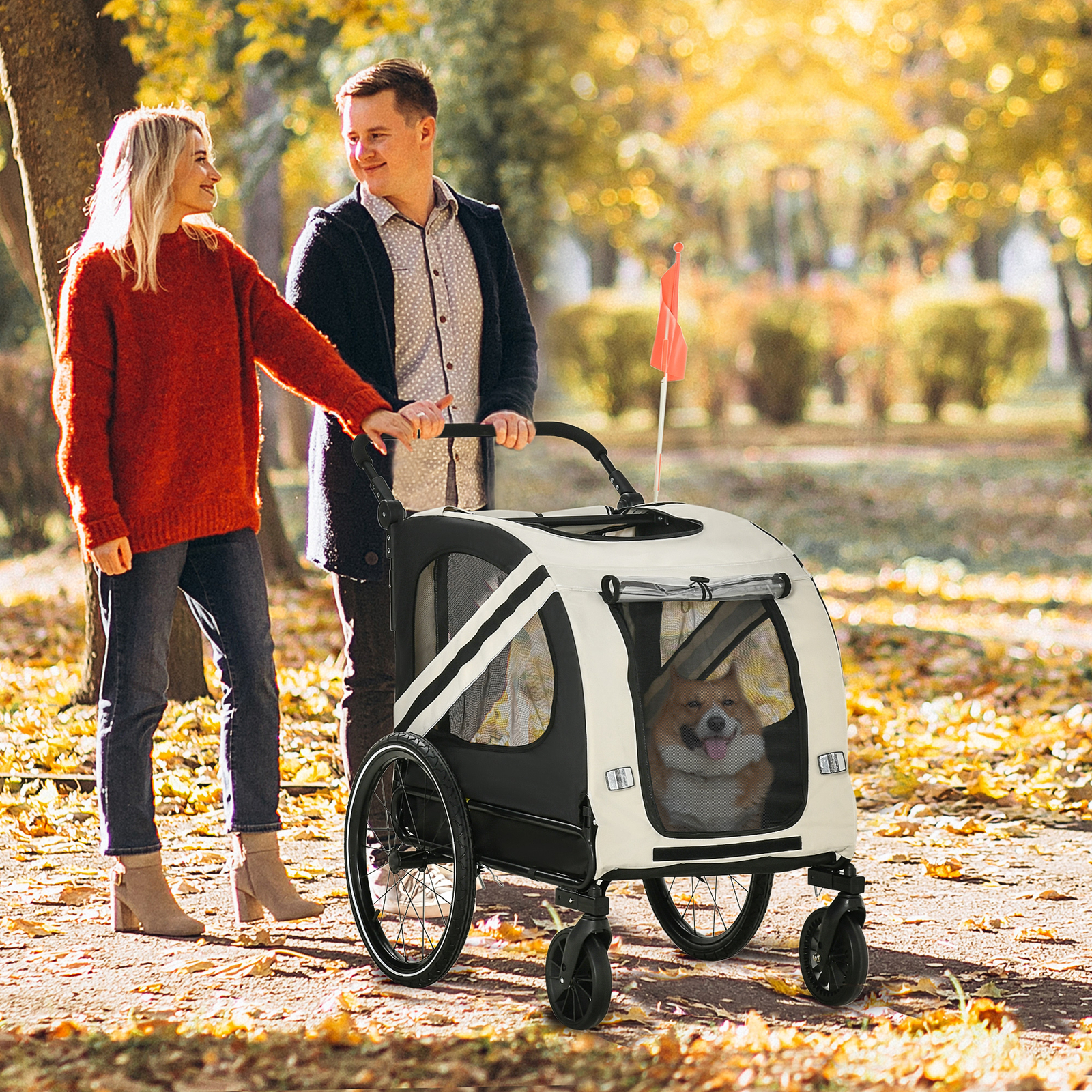 2-In-1 Dog Bike Trailer Pet Stroller with Universal Wheel Reflector Flag White