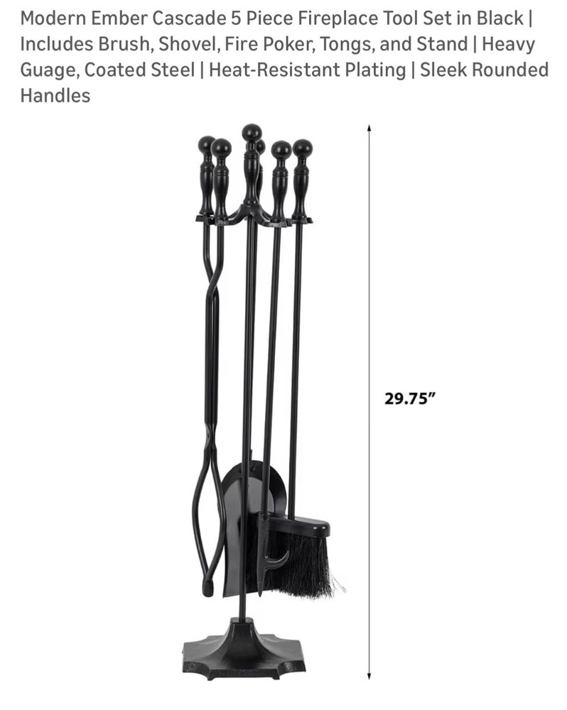 Modern Ember Cascade 5 Piece Fireplace Tool Set in Black