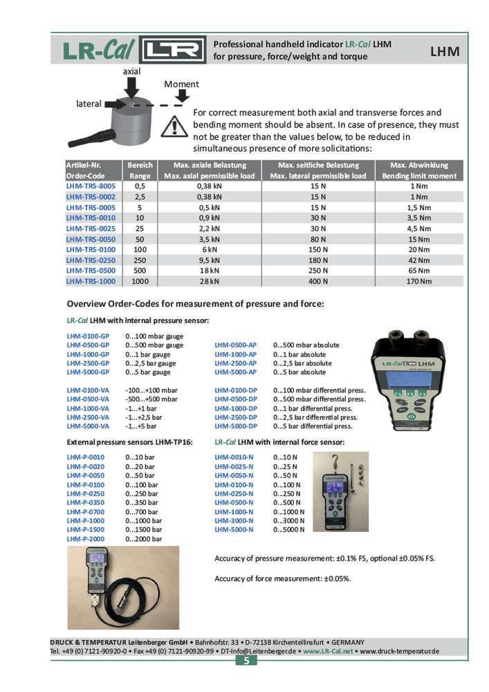 LR-Cal LHM GP Pressure/Torque Indicator Internal Pressure Sensor ±0.1% Accuracy