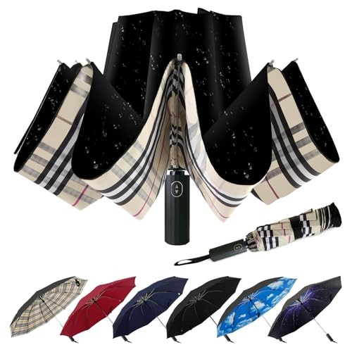 Compact Travel Umbrella, 44" Canopy, Automatic Inverted-Yellow Plaid