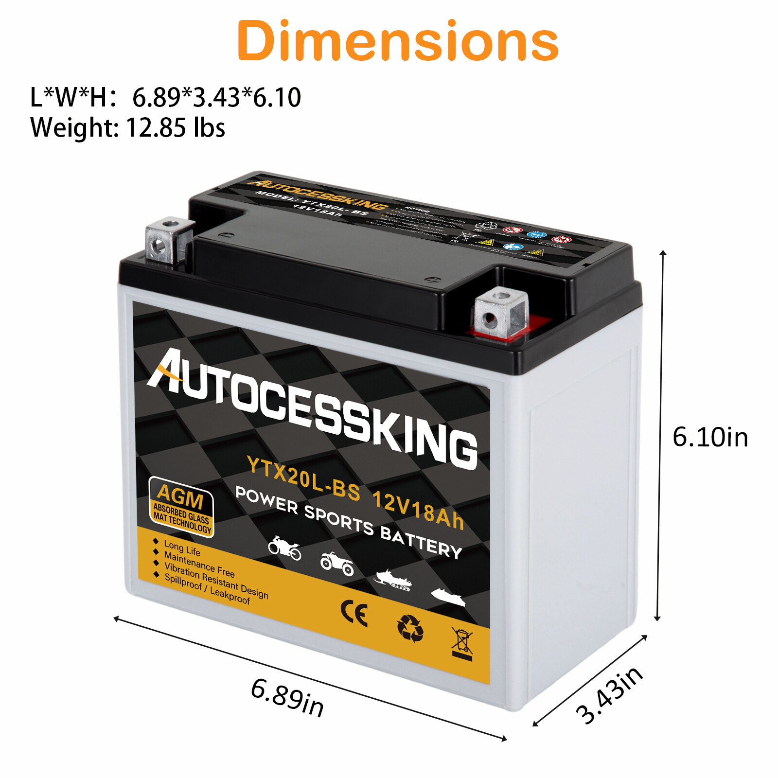 YTX20L-BS AGM Battery Replacement Maintenance Free For Motorcycle ATV UTV