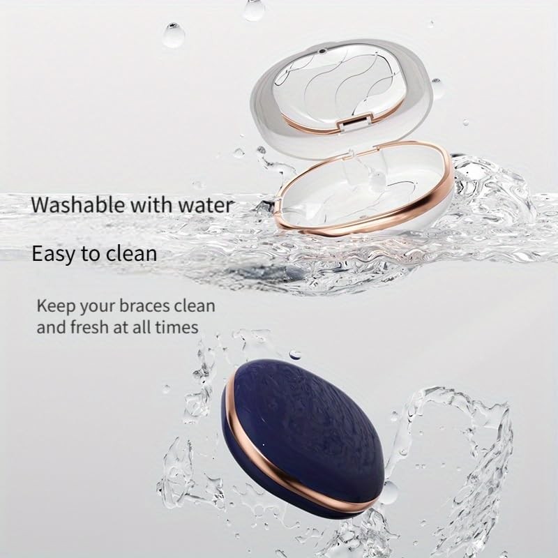 DIDATOOL Denture Case with Mirror, Portable Retainer for Navy blue