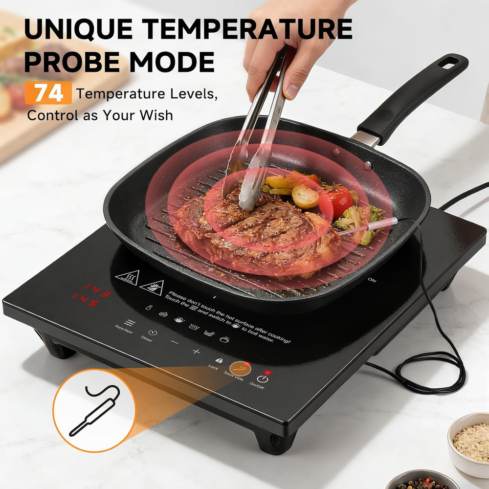 1800W Portable Induction Cooktop with 74 Temp Settings & Timer