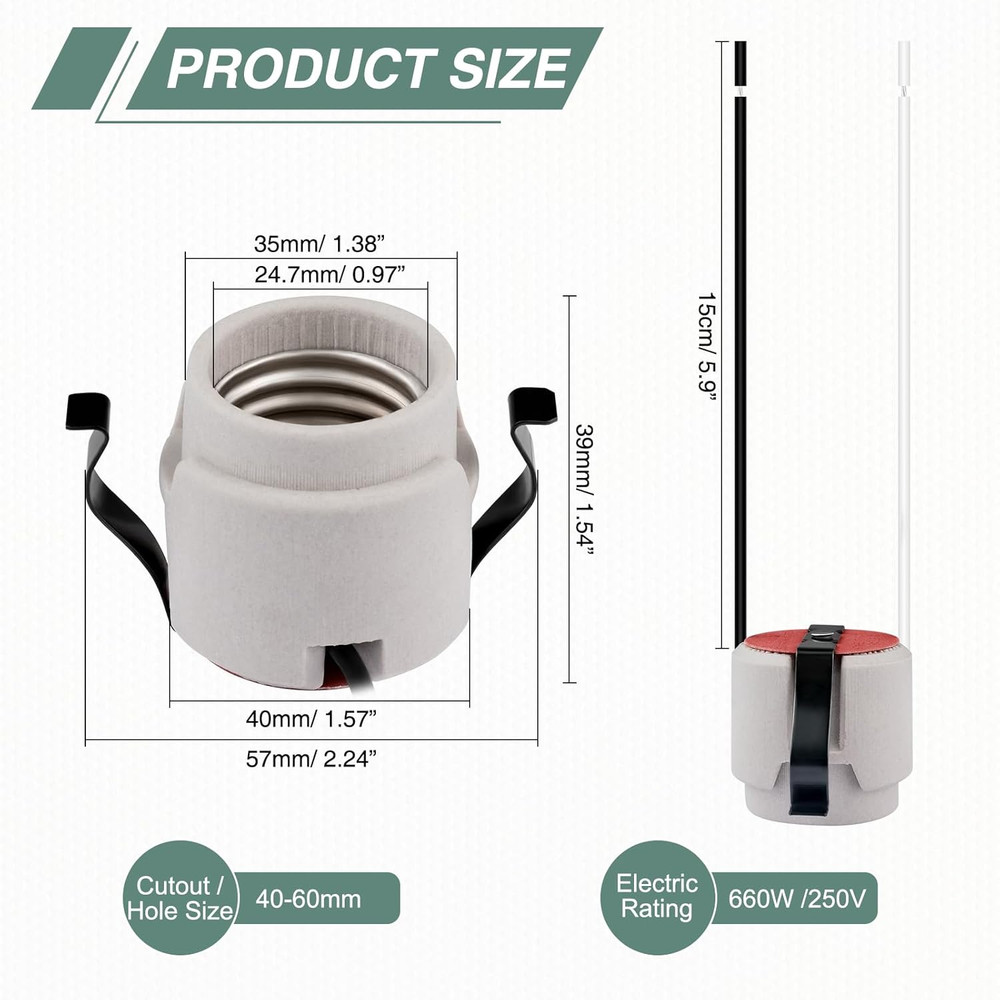 E26 Light Socket, Snap-In Bulb Socket, E26 Standard Medium Screw Lamp Holder, Em