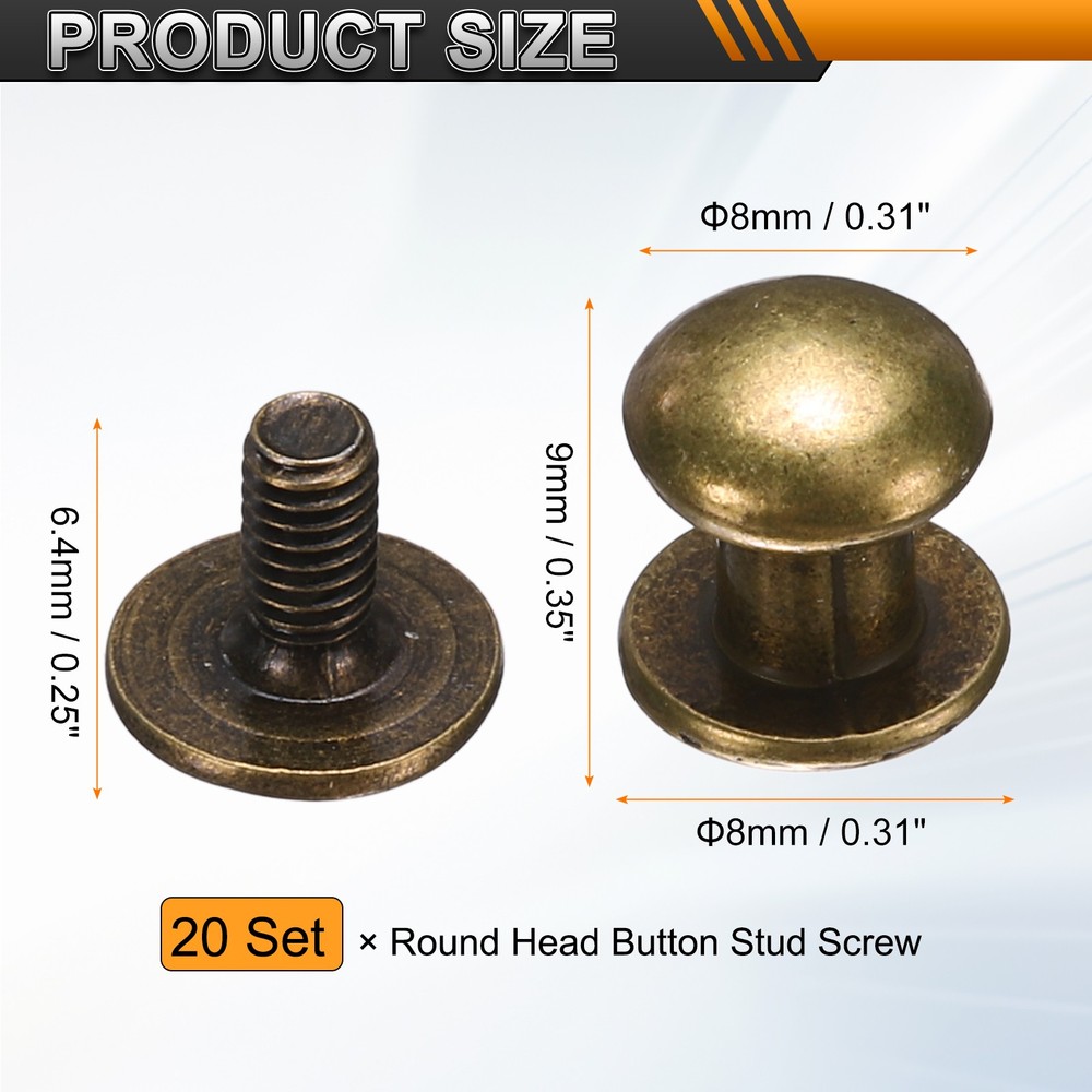 20Set Round Head Button Stud Screw 8mm Chicago Screws Button Rivets Bronze