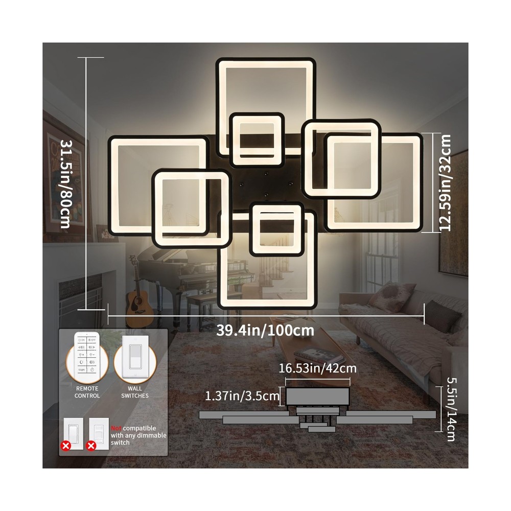 Modern LED Ceiling Light, Dimmable LED Chandelier Black Flush Mount Ceiling L...