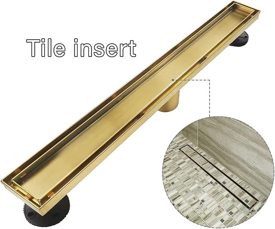 28-Inch Gold Linear Shower Drain, 2-in-1 Flat & Tile Insert