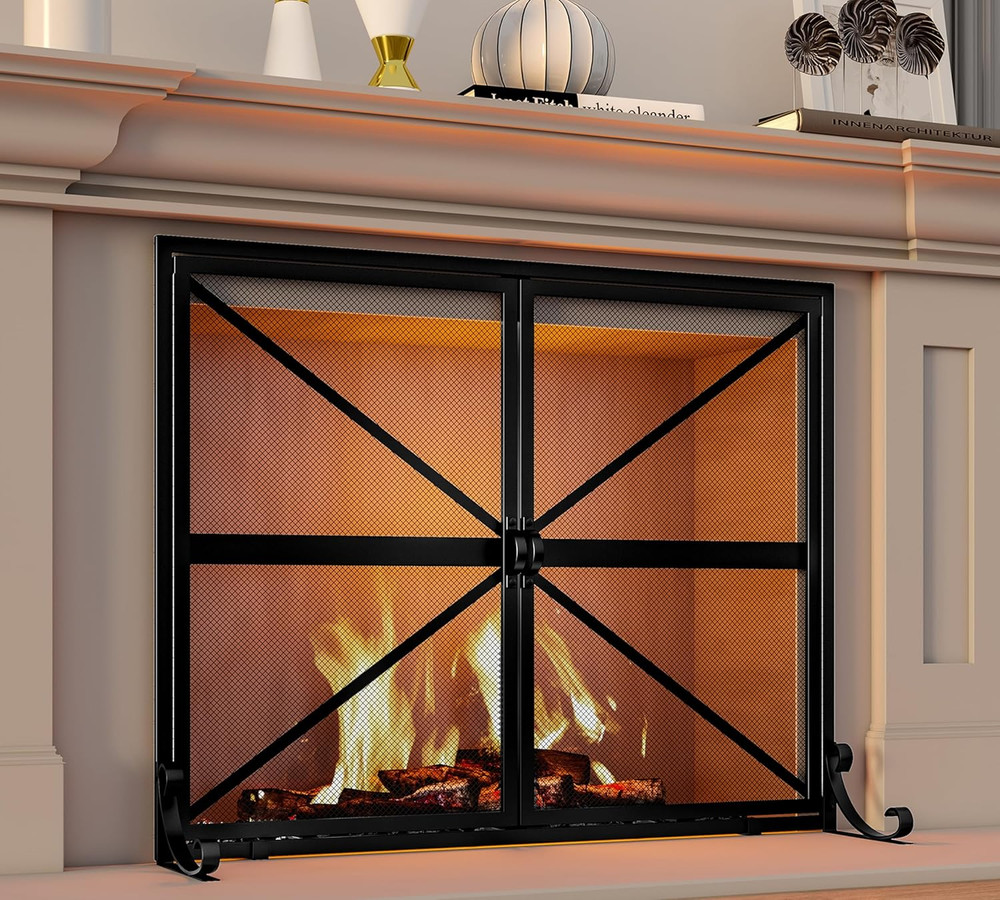 Fireplace Screen with Doors, 2-Pannel Handcrafted Solid Wrought Iron Decorative