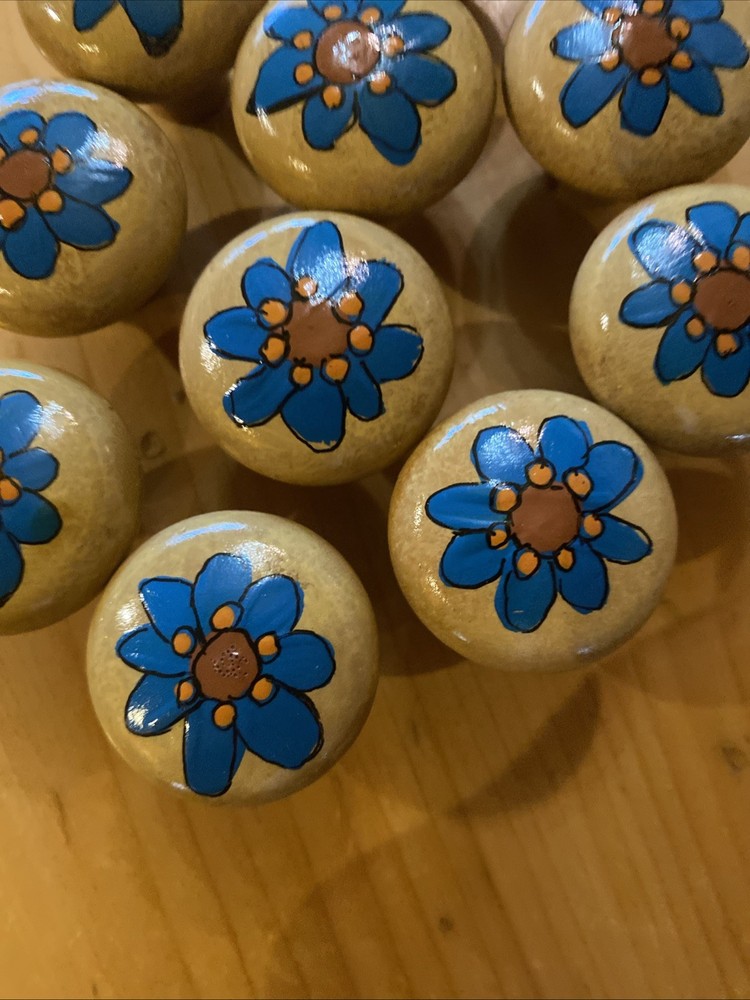 10 Wood drawer pulls/knobs hand painted Turquoise & Orange 1”NOS