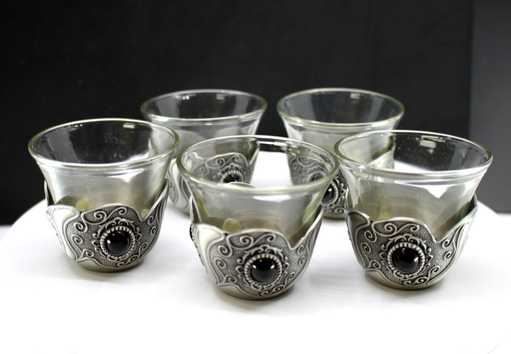 5 Pcs Hand Carved Arabic /Turkish Coffee Silver & Black Stones Espresso Cups Vtg
