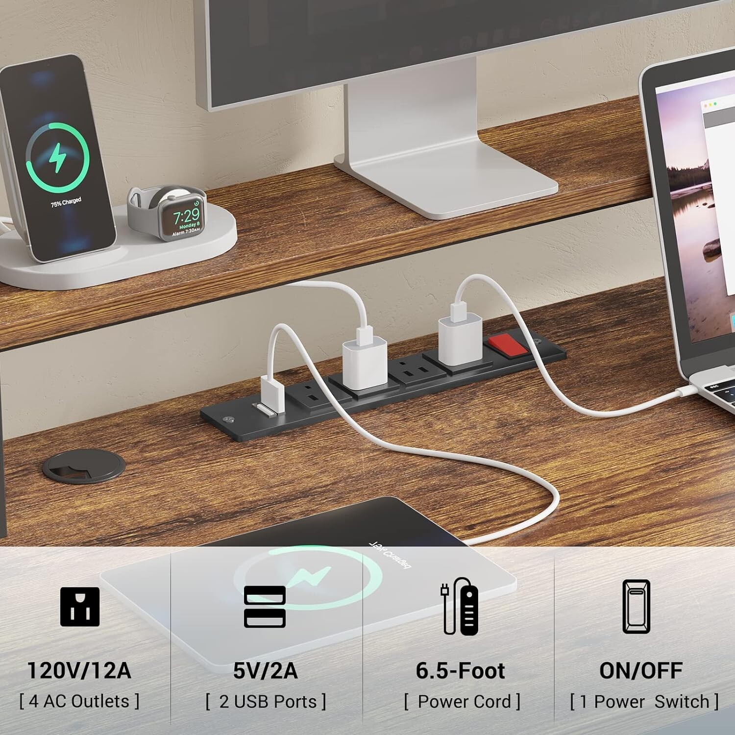 L Shaped Desk with Monitor Shelf 66" Home Office Desk w/Led Lights &Power Outlet