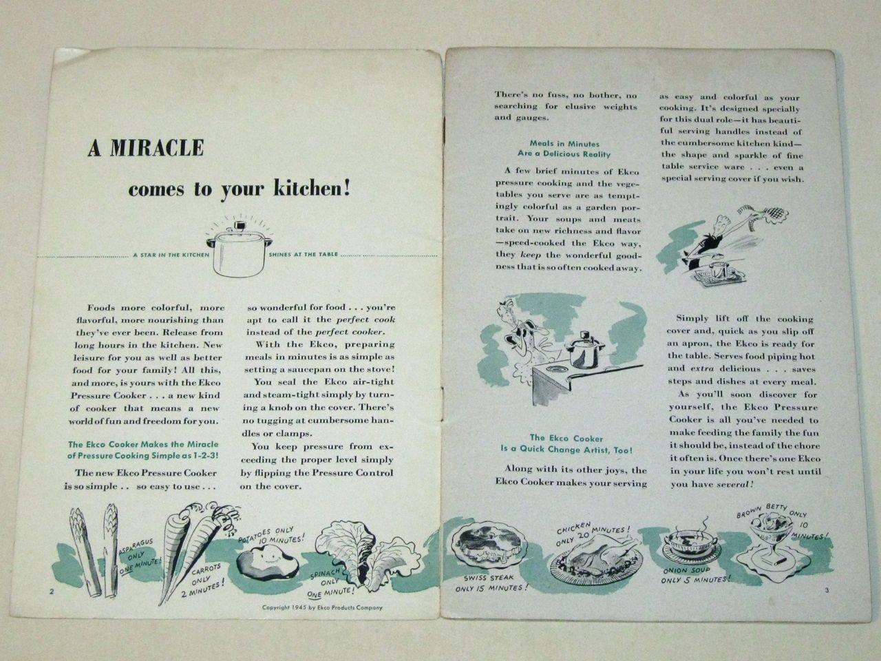 Vintage 1945 MINUTE MAGIC with the EKCO PRESSURE COOKER Recipe Instruction Book!