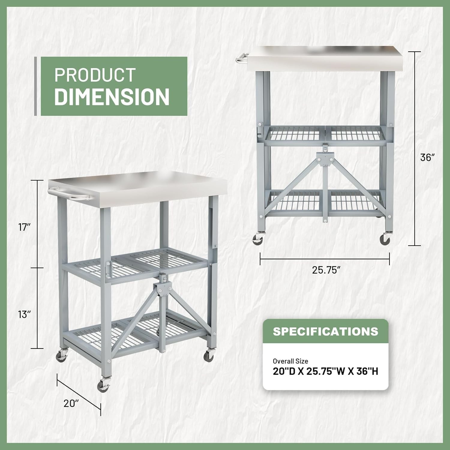 3-Tier Stainless Steel Rolling Utility Cart, 300 LBS Foldable Service Table