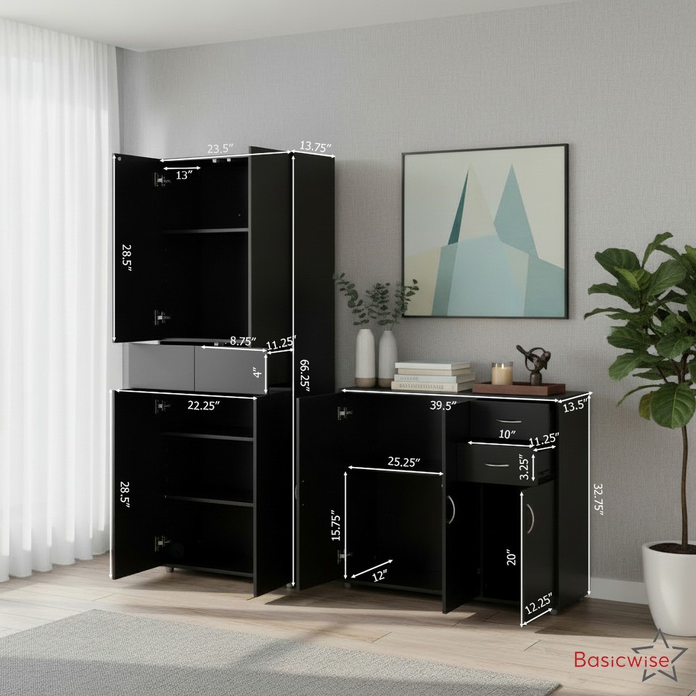 Basicwise Set of Buffet Table with Drawers Plus Cabinet with Compartments,Black