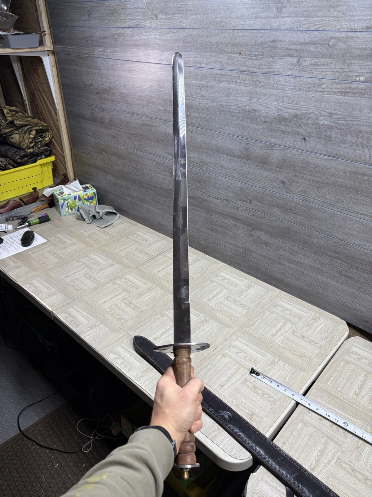 Pakistan Reproduction Battle Sword W Leather Sheath Wood Handle Metal Blade Vtg