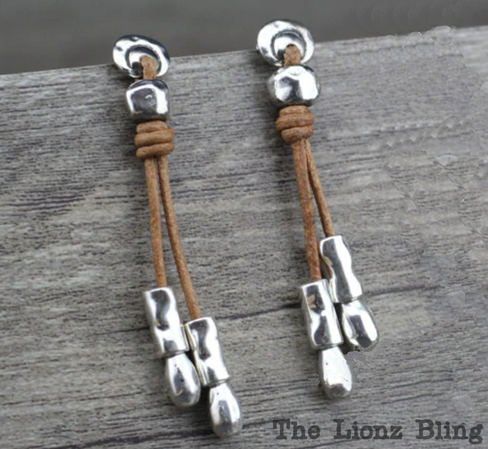 Rustic style Hammered Sterling Silver & Brown Leather Dangle Earrings - 2 1/2"