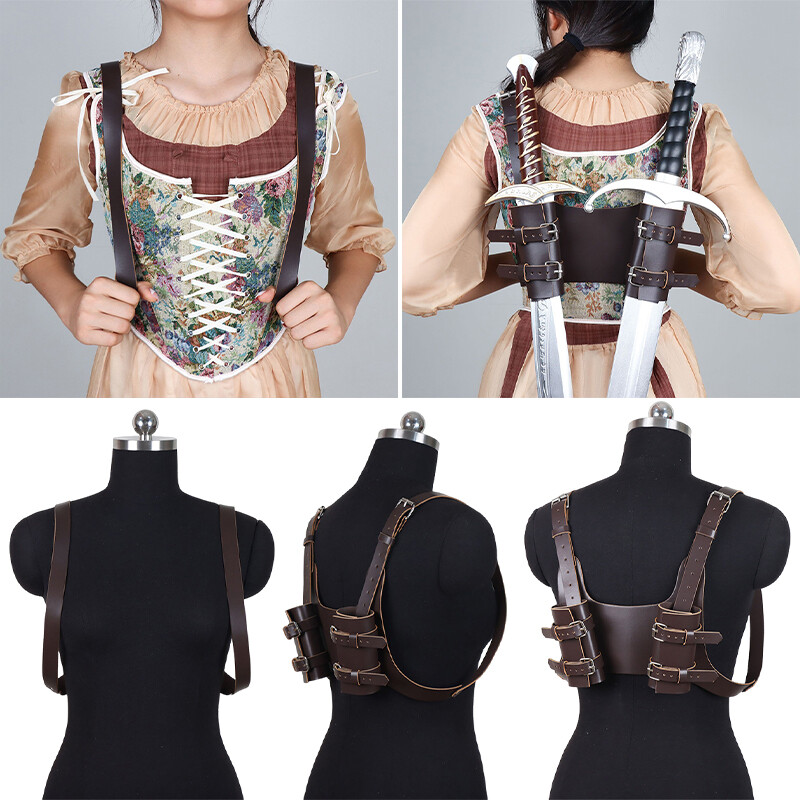 Medieval Double Sword Back Sheath Holder Scabbard Warrior Shoulder Strap