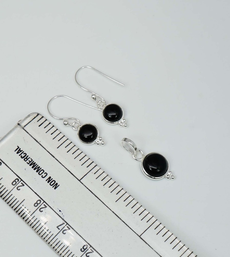 925 Solid Sterling Silver Black Onyx Hook Earring Pendant Set