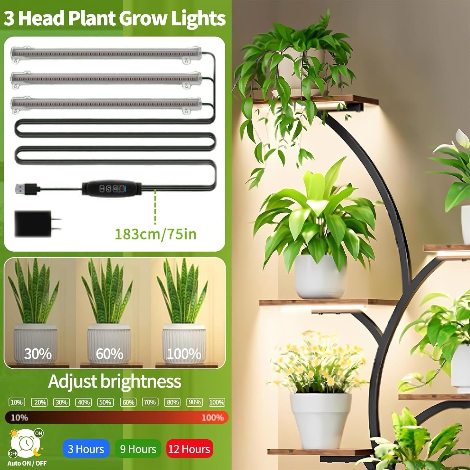 62" Indoor Plant Stand with Grow Lights 8 Tiered Display Shelf for Home Garde