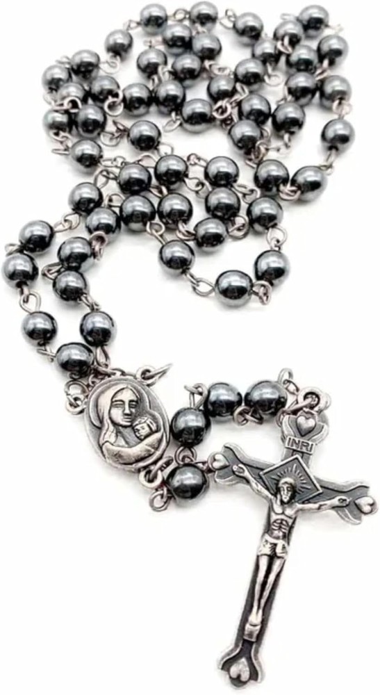 Hematite Rosary Beads Necklace with Jerusalem Holy Soil Religious Pendant
