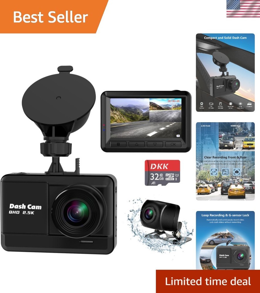 Compact 2.5K Dash Cam Duo with 32GB Card - Easy Installation & Loop Recording