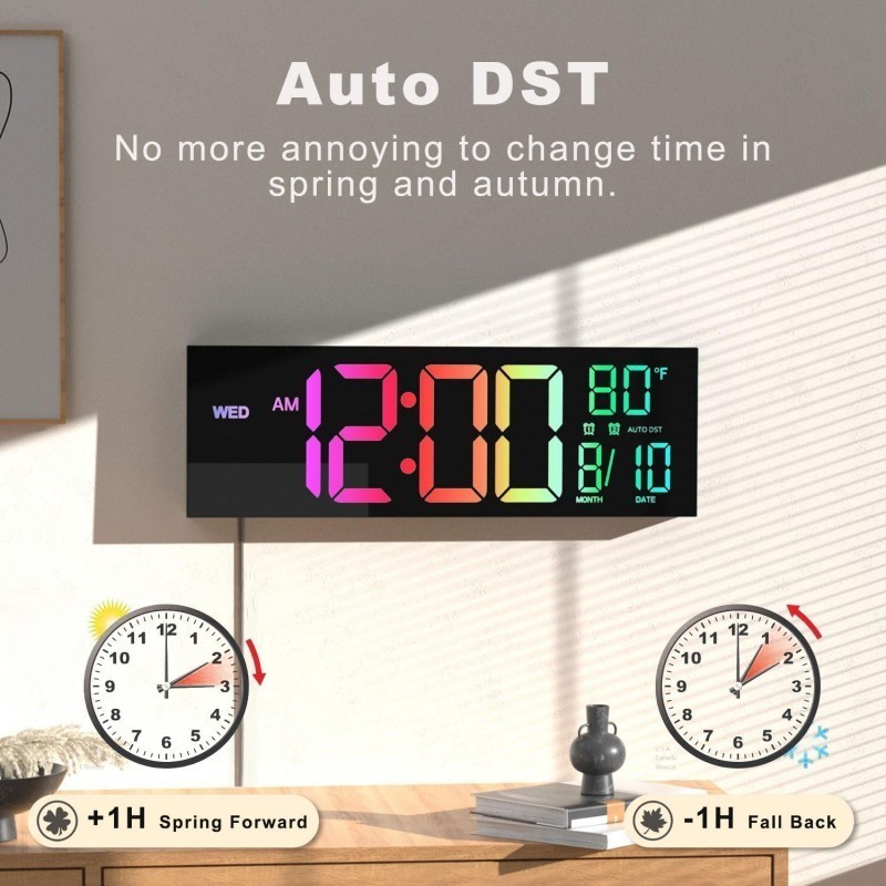 16" Large Digital Wall Clock BT Sync, RGB Lights Remote Control, Big LED Clock
