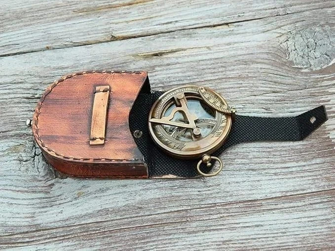 Engraved Solid Brass , Sundial Push Button Compass for Camping, Hiking, Touring